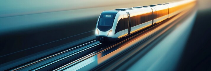 Poster - A simple train icon glides effortlessly along a modern railway track, capturing the essence of efficient urban transport at dawn. Generative AI