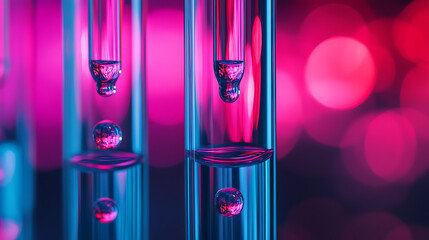 Leinwandbilder - Test tube row Concept of medical or science laboratory liquid drop droplet with dropper in blue red tone background close up macro photography picture 