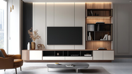 Aufkleber - TV cabinet and storage space in a living room with a white wall 