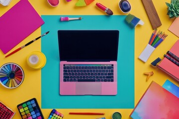 Leinwandbilder - A vibrant workspace features a laptop in the center, surrounded by various colorful art supplies, including paints, notebooks, and pens. Generative AI