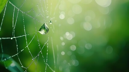Wall Mural -   A macro shot of a spider web with moisture droplets and a green foliage in the background