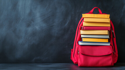 Poster - School backpack with books chalkboard background Back to school concept Space for text 