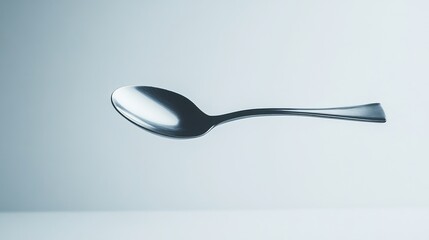 A silver spoon suspended in mid-air, isolated against a white background