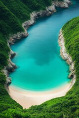 Wall Mural - Aerial view of a serene beach cove surrounded by lush greenery.