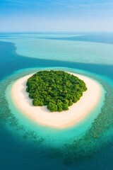 Wall Mural - Aerial view of a tropical island with lush greenery and sandy beach.