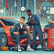 © Andreas - Two auto mechanic working on car diagnostic in auto repair shop.. background, banner, card, poster, template. illustration, avant garde colour elegant