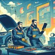 © Andreas - Two auto mechanic working on car diagnostic in auto repair shop.. background, banner, card, poster, template. illustration, avant garde colour elegant