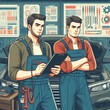 © Andreas - Two auto mechanic working on car diagnostic in auto repair shop.. background, banner, card, poster, template. illustration, avant garde colour elegant