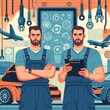 © Andreas - Two auto mechanic working on car diagnostic in auto repair shop.. background, banner, card, poster, template. illustration, avant garde colour elegant