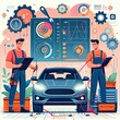© Andreas - Two auto mechanic working on car diagnostic in auto repair shop.. background, banner, card, poster, template. illustration, avant garde colour elegant