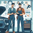 © Andreas - Two auto mechanic working on car diagnostic in auto repair shop.. background, banner, card, poster, template. illustration, avant garde colour elegant