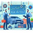 © Andreas - Two auto mechanic working on car diagnostic in auto repair shop.. background, banner, card, poster, template. illustration, avant garde colour elegant