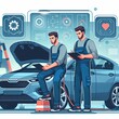 © Andreas - Two auto mechanic working on car diagnostic in auto repair shop.. background, banner, card, poster, template. illustration, avant garde colour elegant