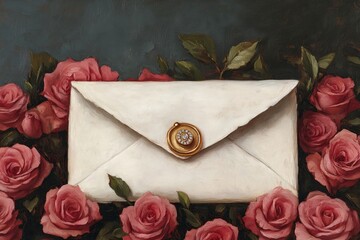 Wall Mural - An elegant white envelope surrounded by pink roses, symbolizing love.