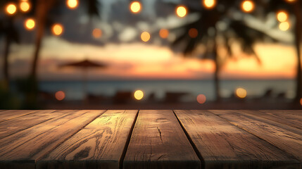 Poster - Wooden table with blur beach cafes background and bokeh lights created with technology