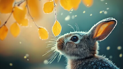   Close-up of a rabbit under a tree with yellow leaves and a blue sky behind