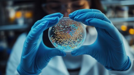 Fototapete - A scientist in a lab coat is closely analyzing vibrant bacteria cultures contained in a petri dish, showcasing care and precision. Generative AI