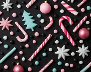 Poster - Colorful holiday-themed candies and decorations on a dark background.