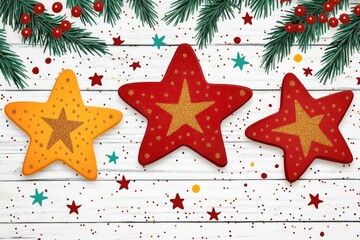 Poster - Colorful star decorations on a festive background with pine branches.