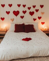 Poster - Cozy bedroom decorated with heart shapes and candles for a romantic atmosphere.