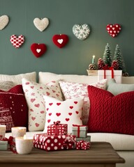 Poster - Cozy holiday living room with festive decorations and gifts.