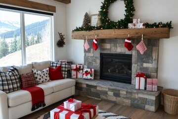 Poster - Cozy holiday living room with decorations and gifts.