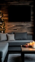 Poster - Cozy living room with a Christmas tree and candles on a coffee table.