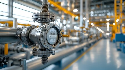 Poster - Closeup view of a shiny gleaming metal refinery valve as pressurized fuel flows through the surrounding industrial pipes