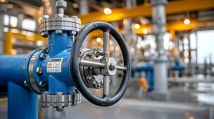 Poster - Close up view of a gleaming refinery valve controlling the flow of pressurized fuel through the surrounding industrial metal pipes and machinery
