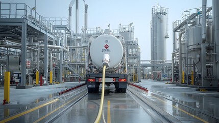 Poster - Fuel Tanker Being Loaded at a Modern Processing Plant Showcasing Efficient Hose Connections and Seamless Logistics in the Energy and Transportation Industry