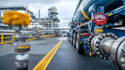 Poster - Fuel tanker being filled at a processing plant with valves and pipes working efficiently to capture the smooth flow of industrial logistics and action