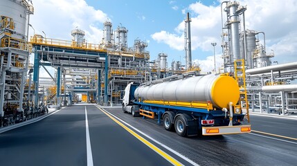 Poster - Tanker truck being loaded with fuel at an advanced refinery displaying a seamless logistics process with industrial machinery and infrastructure visible in the backdrop