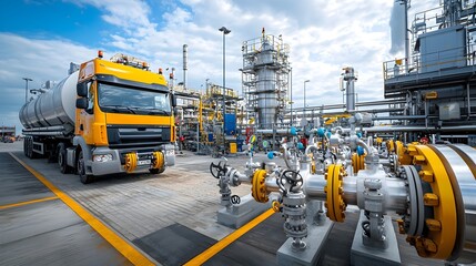 Poster - Fuel Tanker Being Filled at Industrial Processing Plant Valves and Pipes Working Efficiently to Capture the Smooth Flow of Logistics and Industrial