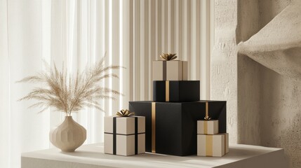Poster - Stylish geometric gift boxes are artfully displayed on a table, surrounded by soft textiles and natural elements in a contemporary space. Generative AI