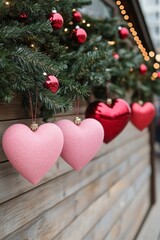 Wall Mural - Decorative hearts and ornaments hanging on a wooden structure.