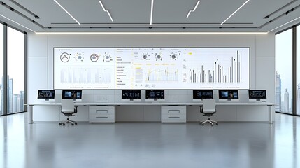 Poster - Futuristic control room interior with clean modern workstations and monitors displaying complex fuel processing data illuminated by digital displays and advanced technological interfaces