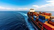 © LifeMedia - A massive container ship sails forward on the vast blue sea, filled with numerous colorful shipping containers, representing global trade and maritime industry.