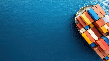 This overhead view displays a cargo ship, loaded with colorful containers as it moves across the blue sea, illustrating the scale and vibrancy of global shipping.