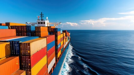 A cargo ship loaded with colorful containers sails through the vast ocean, symbolizing global trade and maritime transportation on a sunny day.