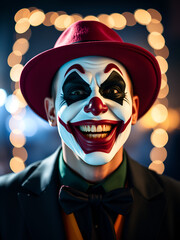 halloween costume joker makeover , a man laughing scary smile joker getup blur background with bokeh lights