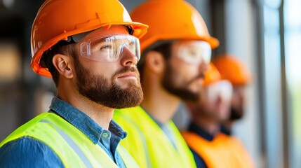 A line of workers wearing helmets and safety vests stand in sequence, demonstrating teamwork, discipline, and human organization in industrial environments.