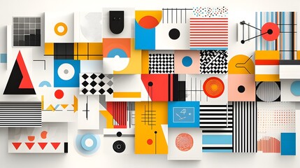 Leinwandbilder - Brutalist architectural geometric shapes and modern minimalist symbols arranged in a distorted tiled grid layout creating a retro futuristic and contemporary abstract digital art composition
