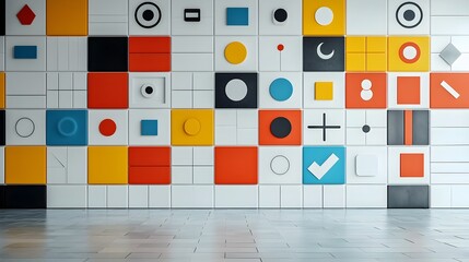 Leinwandbilder - Captivating abstract image featuring a distorted tiled grid of brutalist geometric shapes and modern symbols showcasing a retro design with a trendy contemporary minimalist aesthetic