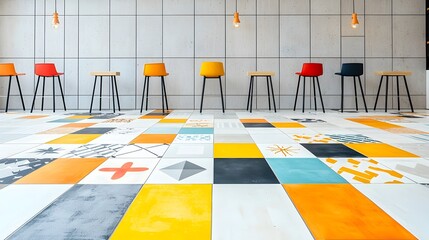 Leinwandbilder - Distorted tiled grid featuring a composition of abstract Brutalist geometric shapes and modern minimalist symbols in a retro style with a contemporary and trendy design aesthetic