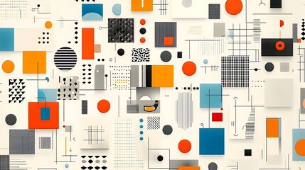 Aufkleber - Striking abstract geometric pattern with a modern minimalist and brutalist inspired design  The image features a vibrant checkered grid of simple forms and shapes