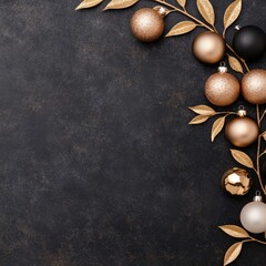 Wall Mural - Elegant holiday decorations with golden ornaments and leaves on a dark background.