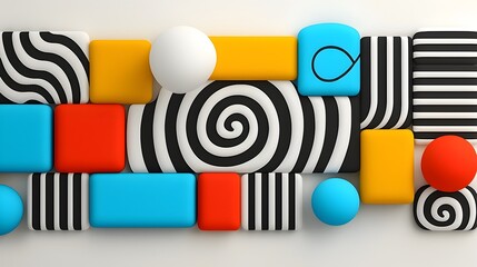 Fototapete - Bold geometric shapes with a groovy retro flair arranged in a clean distorted grid pattern that reflects a modern minimalist design aesthetic