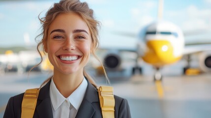 A cheerful female airline staff member stands outdoors with a bright smile, wearing a black uniform with a yellow accent, with an airplane visible in the background.