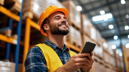 Warehouse worker wearing safety gear, holds a tablet while smiling brightly in a well-organized warehouse, suggesting positive workplace atmosphere and diligence.