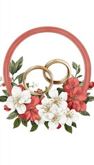 Wall Mural - Floral arrangement with wedding rings in a decorative frame.